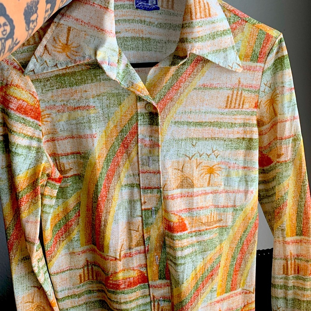 VINTAGE 70s Disco Sheer Button up Graphic Shirt